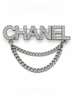 CHANEL Silver Crystal Logo Double Chain Brooch